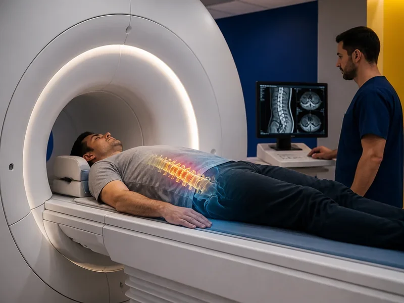 بیمار در حال تصویربرداری از ناحیه کمر با دستگاه MRI